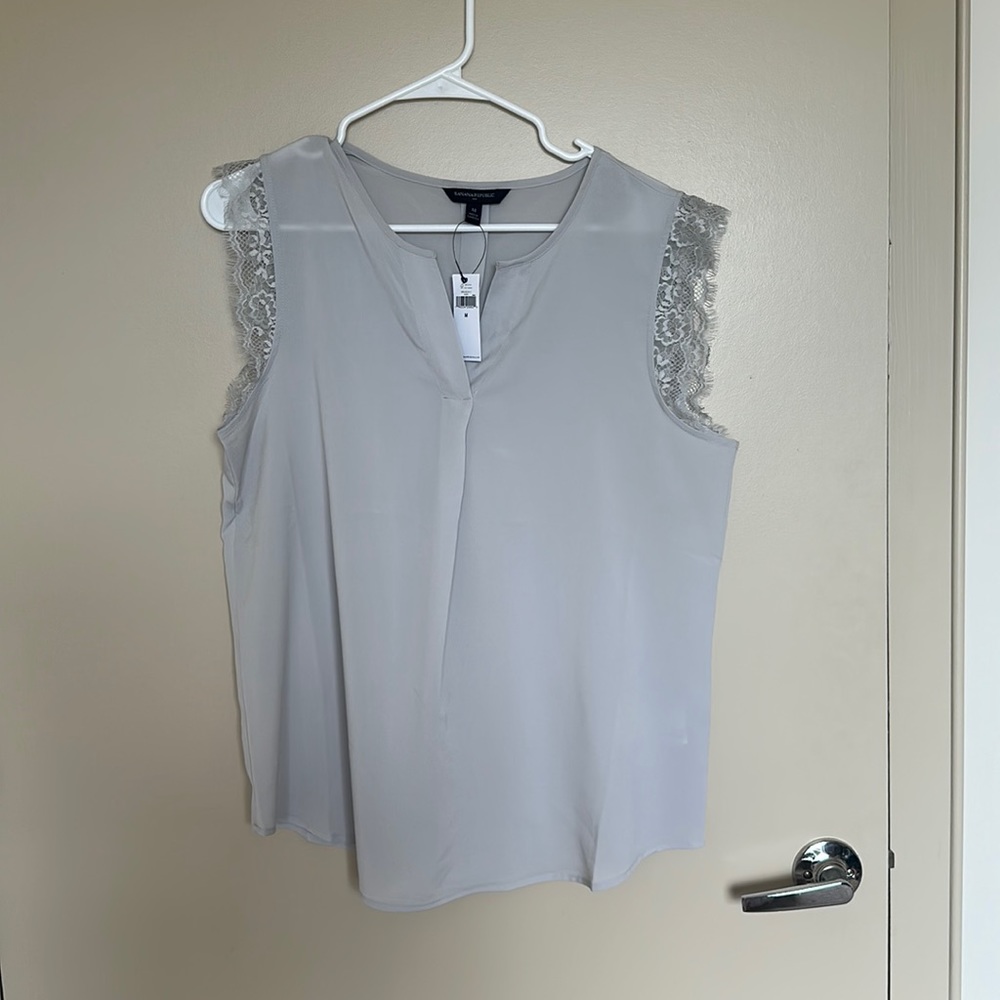 NWT BRF grey sleeveless blouse with lace detail size M